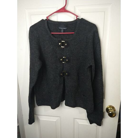 Cynthia Rowley Woman L Sweater Grey Buckle Front Cardigan Long Sleeve - Picture 1 of 9